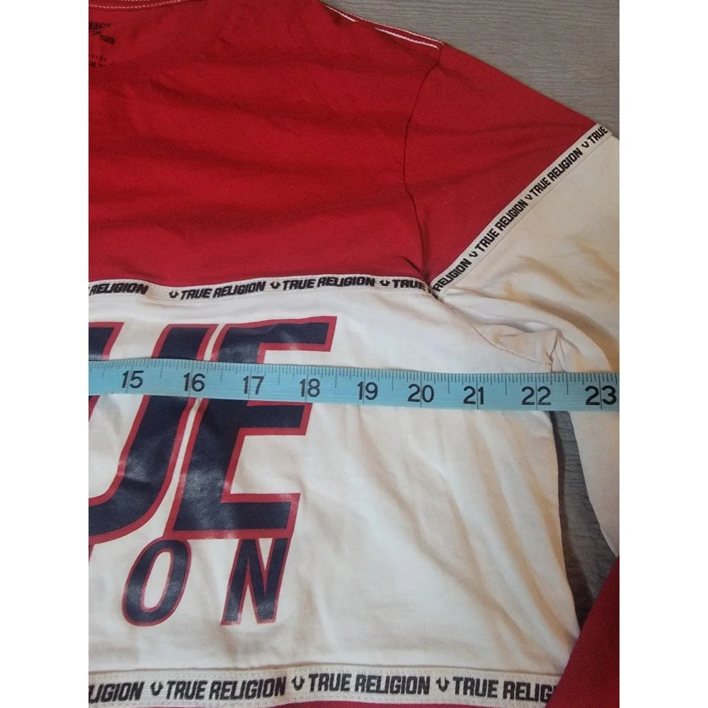 ♡True Religion Mens Long Sleeve T-Shirt Red White‎ Colorblock Logo Graphic Large